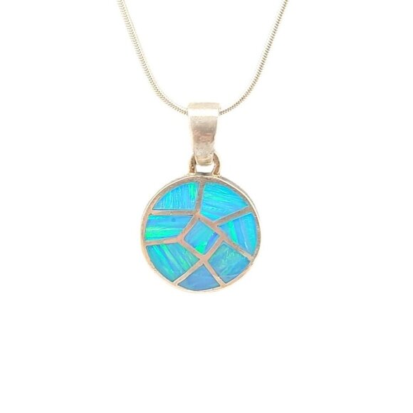 Sterling Silver Inlaid Blue Opal Pendant Necklace 16" Chain Signed ind0925 - Picture 14 of 16